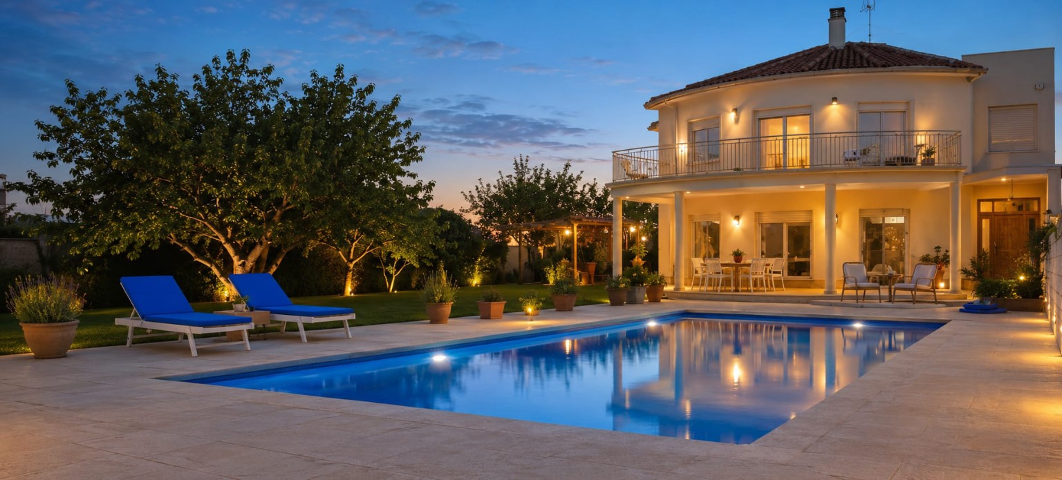 Casa y piscina al atardecer